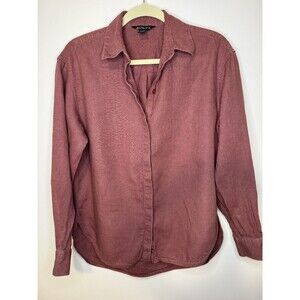 Athleta Playa Linen Shirt Small Wine Berry Long Sleeve Hidden Button Pocket EUC